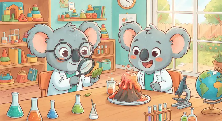 Sınıfta bilimsel deney yapan koala çocuklar