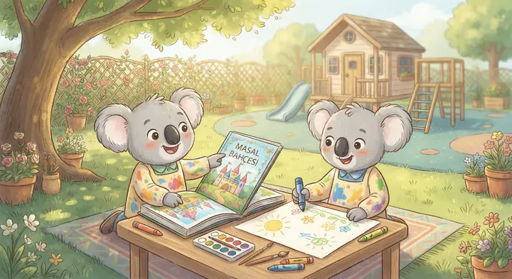 Açık havada resim yapan ve kitap inceleyen koala çocuklar