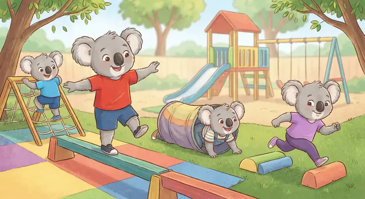 Açık havada denge ve hareket etkinliği yapan koala çocuklar