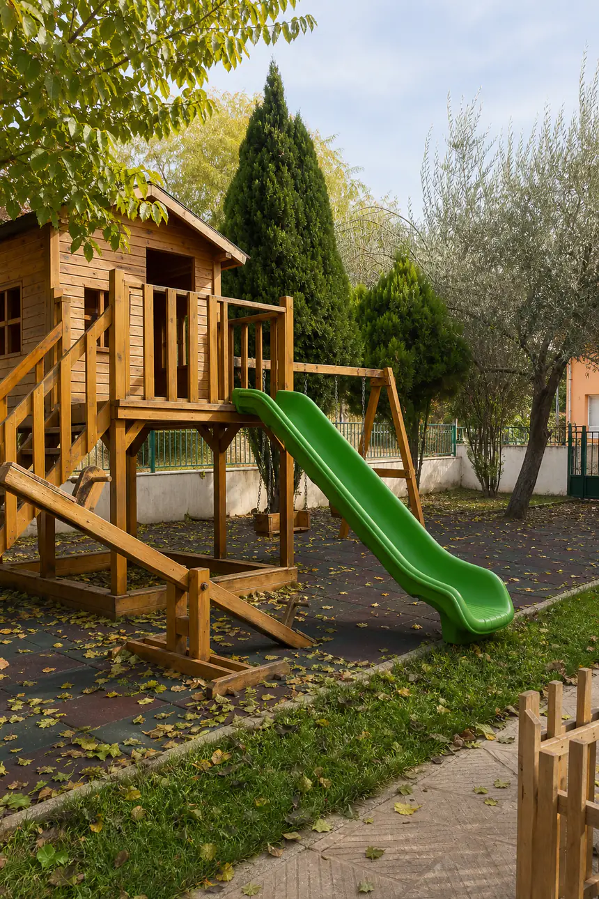 Koality Time bahçesindeki ahşap oyun evi, yeşil kaydırak ve ağaçlıklı oyun alanı